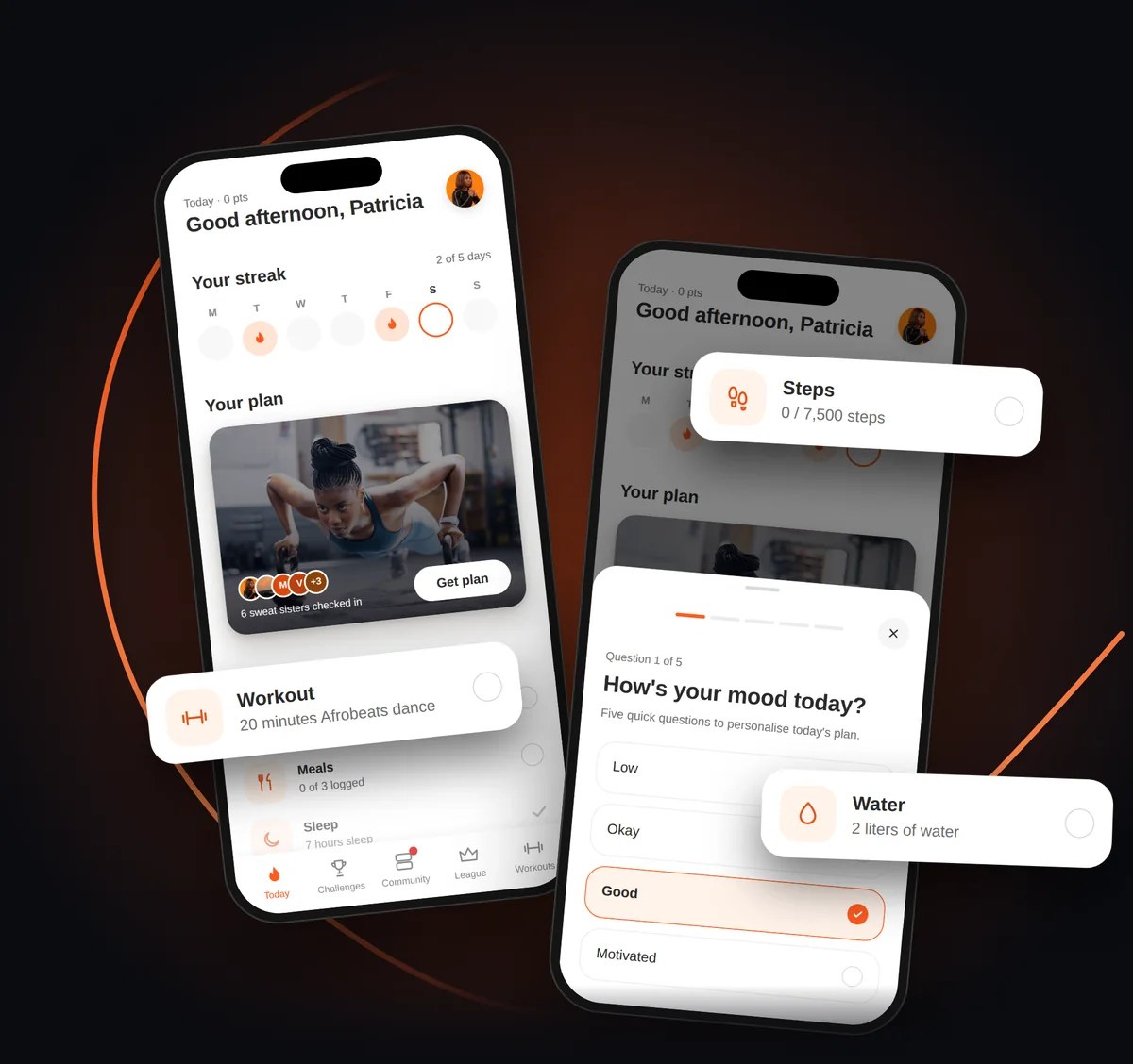 SweatScore check-in and plan screens