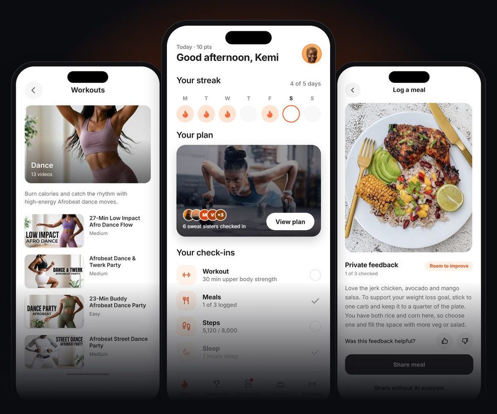 The SweatScore app: workouts, daily plan and meal feedback