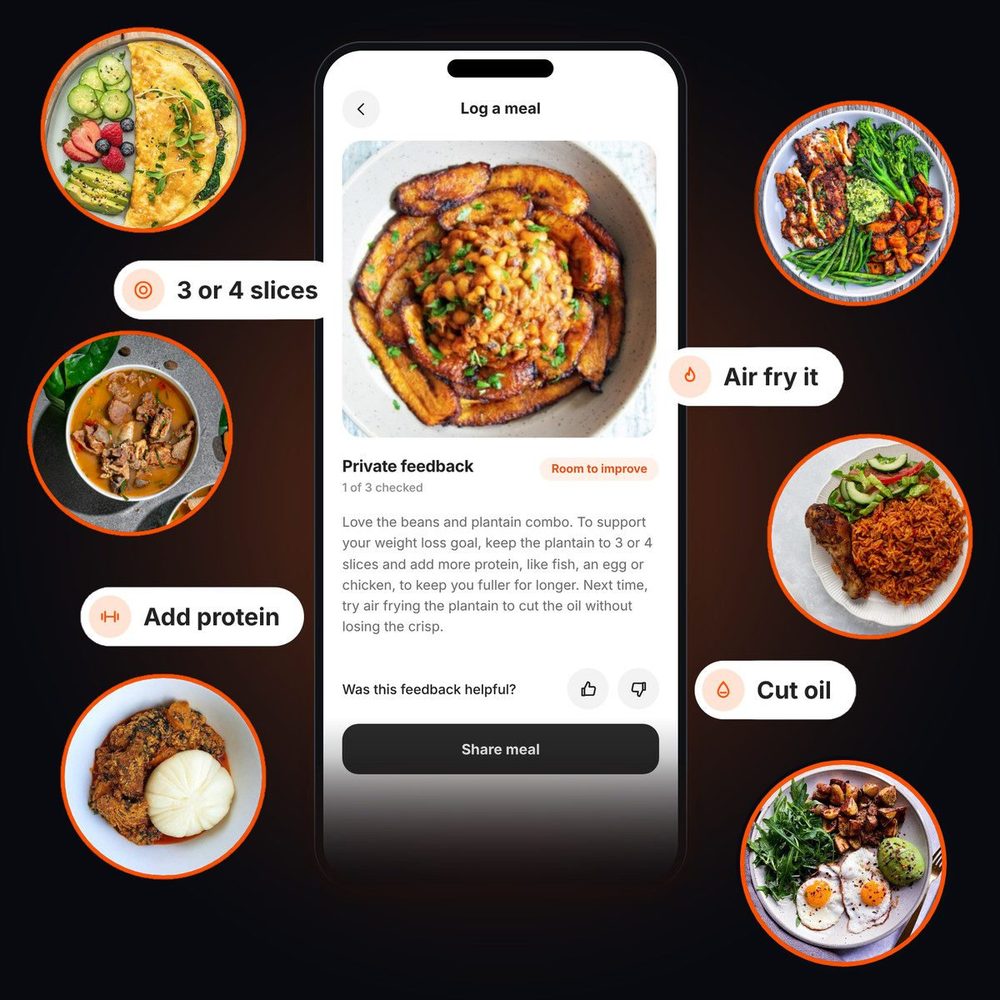 A meal logged in SweatScore with private feedback