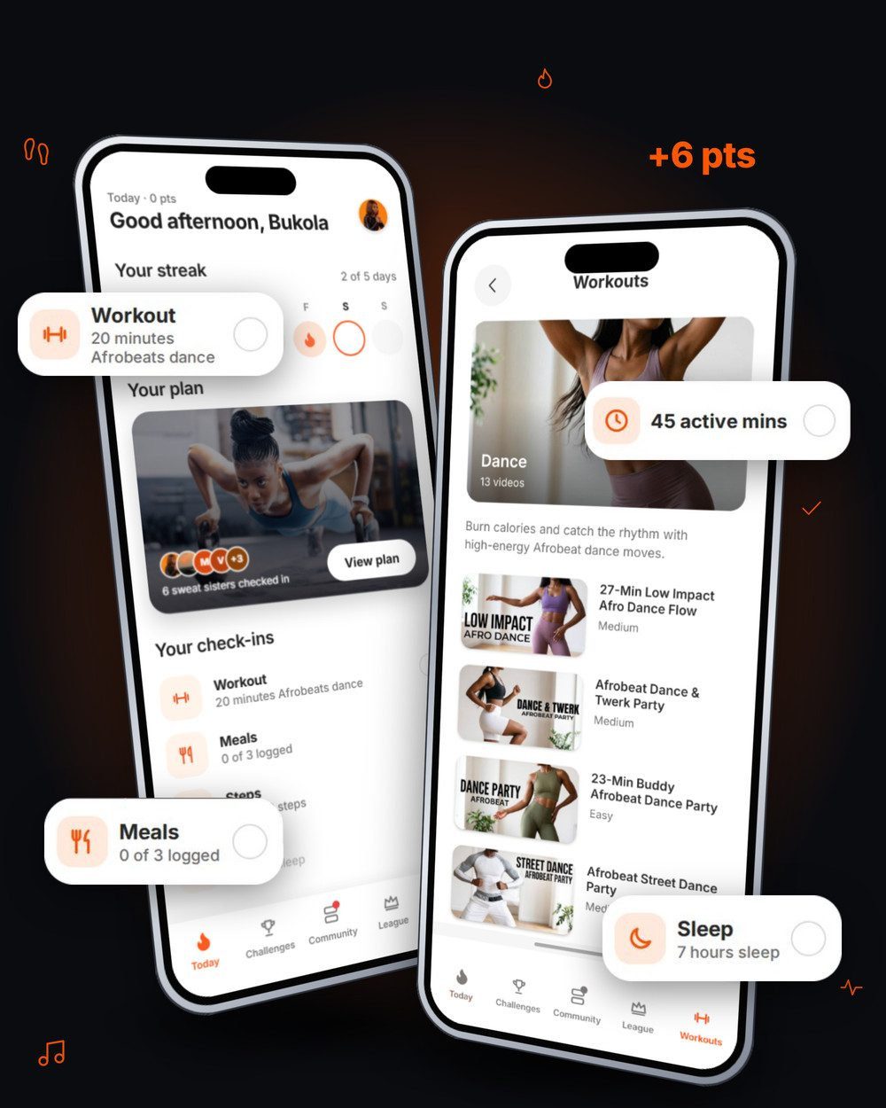 The SweatScore Today screen with streak, plan and daily check-ins
