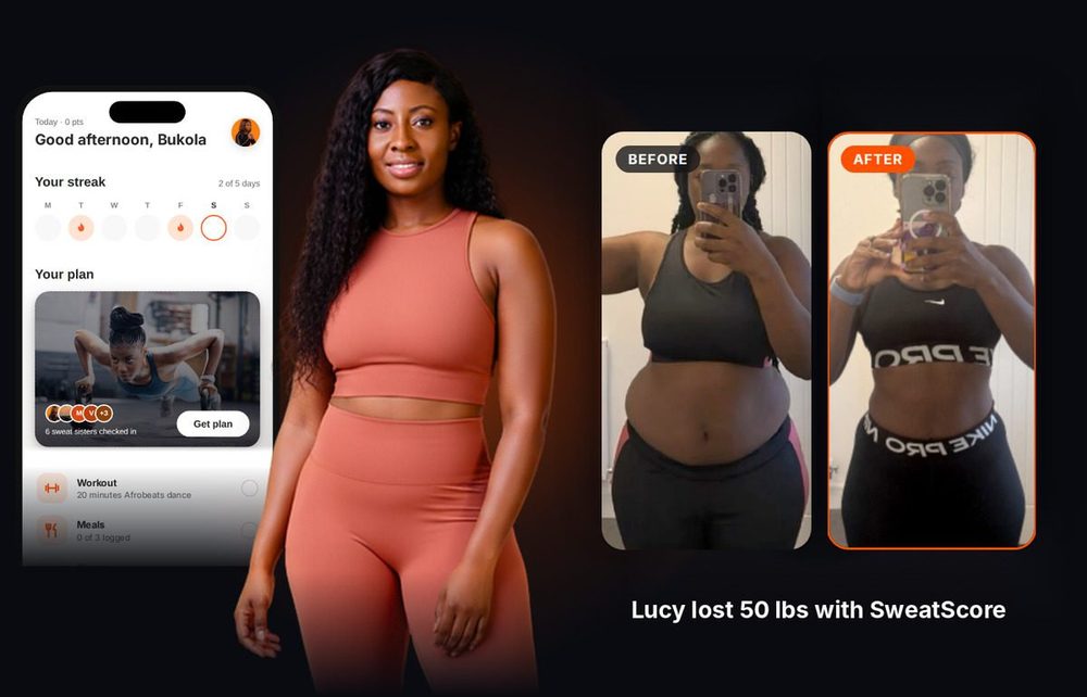 A SweatScore member's before and after photos next to the Today screen