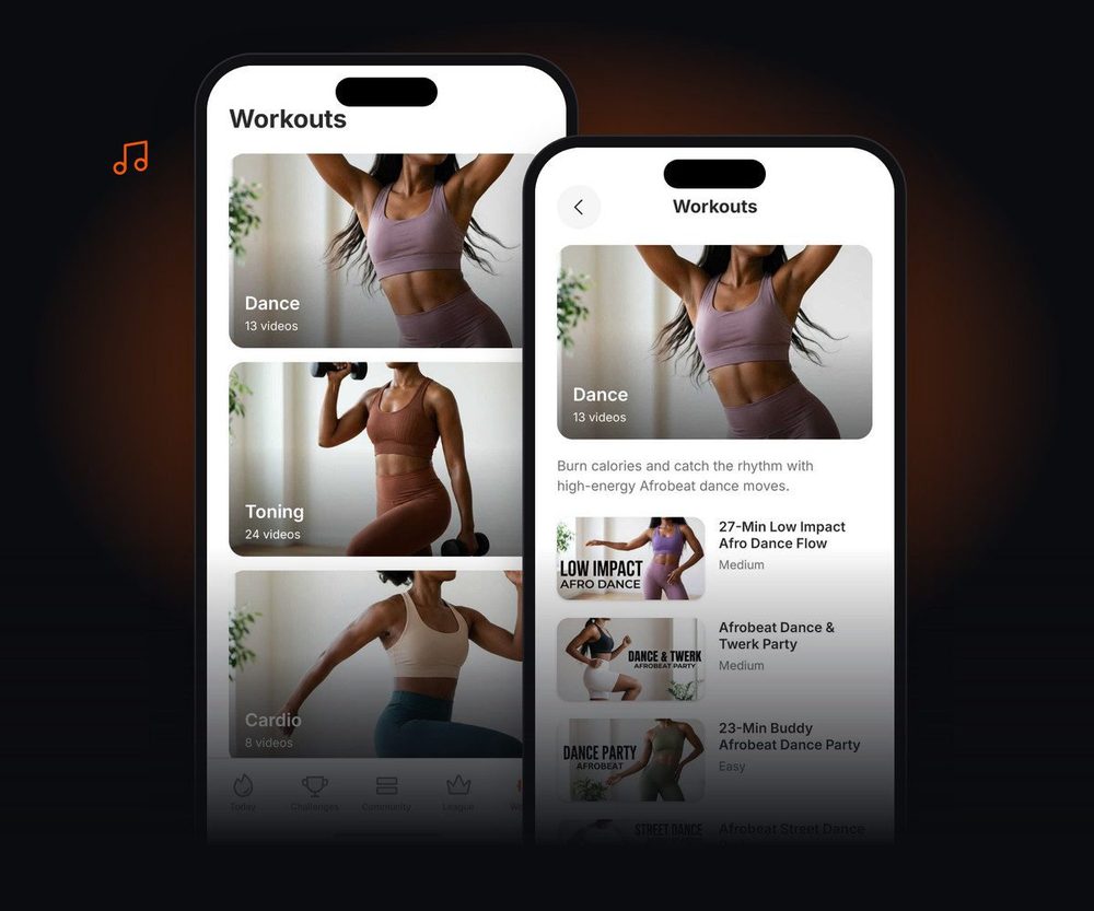 The SweatScore workout library with Afrobeats dance routines