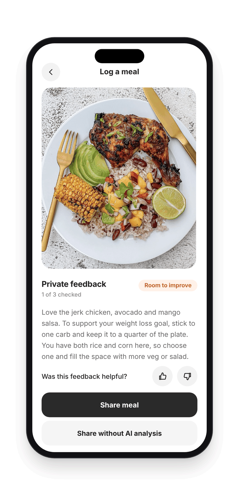 SweatScore meal feedback screen